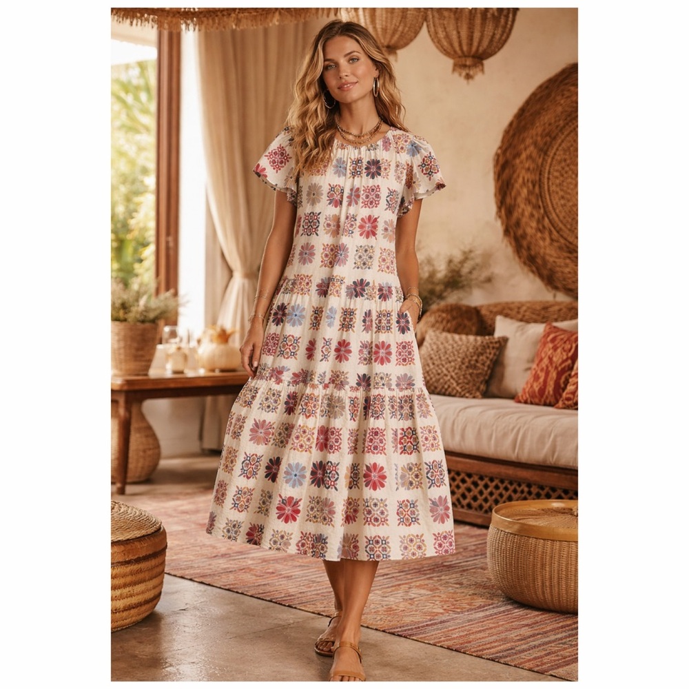 La DoubleJ Multicolor Midi Dress Floral Tile Print Tiered Cotton Med Casual 🟡 - Picture 2 of 14